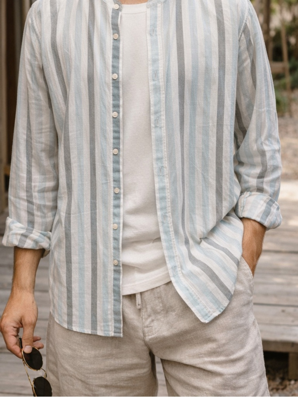 E.T.A Size M‎ Cotton Stripe Button Down Shirt Blue Gray Minimalist Band Collar